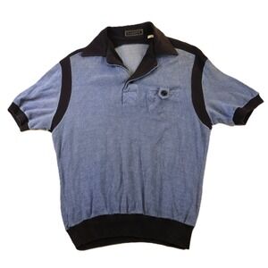 Saxony Mens L Polo Shirt Blue Terry Cloth Vintage Retro Short Sleeve Colorblock